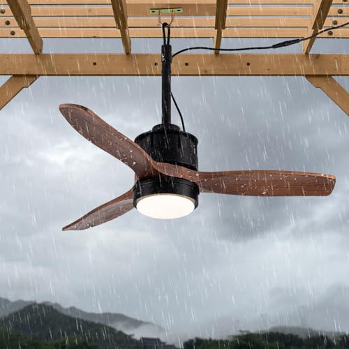 Vernal Life 32 Inch Outdoor Plug In Ceiling Fan with Lights for Gazebo Waterproof with Hook, DC Motor w 6-Speeds, Walnut
