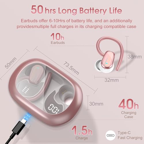 Image of Wireless Earbuds Bluetooth 5.4, 50H Playtime Sport Earphones with Earhooks, HiFi Stereo Bluetooth Hearphones with 4 ENC Noise Cancelling Mic, IPX7 Waterproof Over the Ear Buds for Gym /Running, Rose