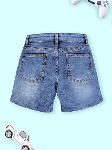 Image of KiddoPanti Boys Knee-Length Denim Shorts | Stretchable Cotton Poly Denim | Comfortable Fit with Button Elasticated Waistband & Zip Fly