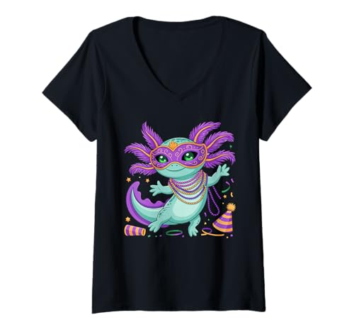 Femme Costume de Mardi Gras en Jersey de Mardi Gras Axolotl Mardi Gras T-Shirt avec Col en V