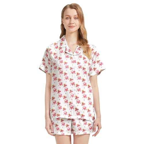 Image of Silk Satin Pajama Set for Women Summer Lounge Pjs Sets 2 Piece Suit Ladies Button Down Tops And Shorts Sleepwear