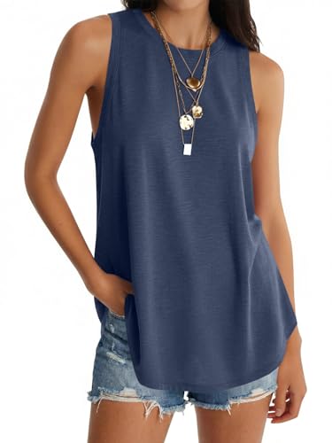 Image of UNCLECAT Womens Oversized Long Tank Tops Summer Sleeveless Tunic Tops | Loose Fit Flowy Tunic,Casual Basic Tank Tops,Workout Tank Tops,Yoga Gym Tees,High Neck,Solid Color
