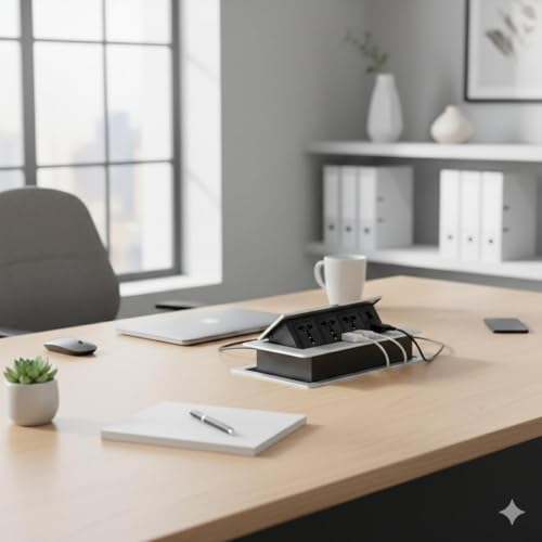 Image of COOLCOLD Hydraulic Cable Cubby Pop Up, Cable Manager Box with 3 Power Outlets & 2 RJ45 LAN Ports | Flip-Top Hidden Desk Module for Office, Home & Conference Table | Space-Saving Flush Mount Design