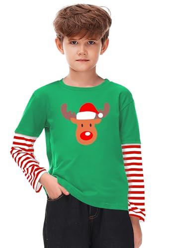 Image of Remimi Unisex Kids Christmas Long Sleeve Shirt Xmas Print Stripe Shirts 2-12 Years