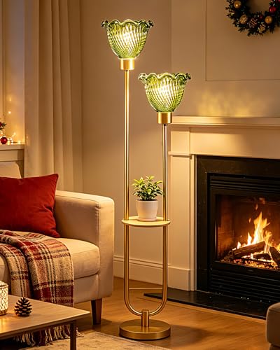 Image of Lightdot 2-Lights Modern Glass Floor Lamp with Table Gold Standing Tall Lamps with Green Floral Glass Shade,LED Floor Lamp with Foot Switch for Living Room Bedroom Home Decor (3000K Bulbs Included)