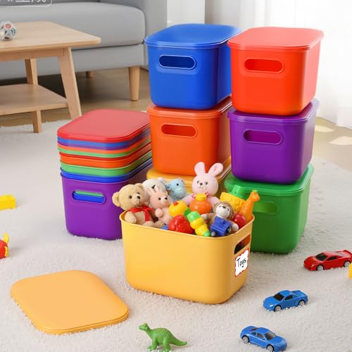 Thyle 18 Pack Vibrant Colorful Plastic Storage Bins with Lids 7 Quart Toy Storage Box Stackable Nestable Organizer Boxes with Handle and Labels for Classroom Shelf Bedroom Desktop Toys School Supplies by Thyle - Image 7