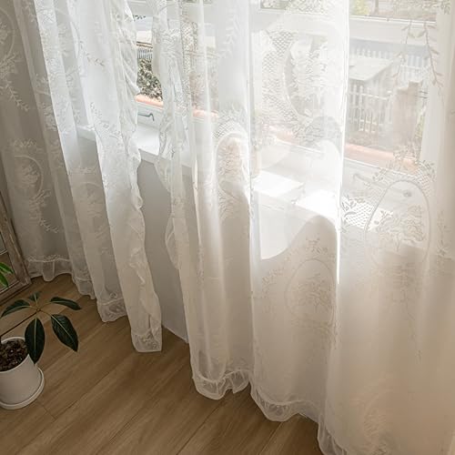 Sutuo Home Ivory Lace Curtains for Bedroom Living Room 72 Inches Long, Vintage Embroidered Floral Rose Sheer Curtains, Privacy Farmhouse Windows Treatment Pair, Rod Pocket, W57 x L72