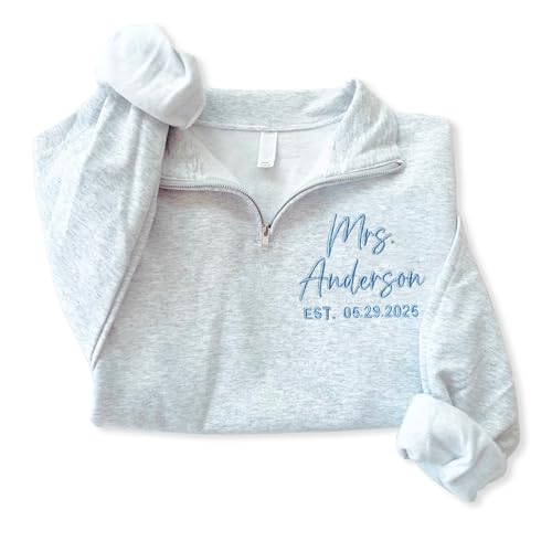 NAZENTI Personalized Embroidered Bride Sweatshirt, Mrs. Shirts Gifts, Bridesmaid Tshirt, Bridal Shower, Bachelorette, Wedding