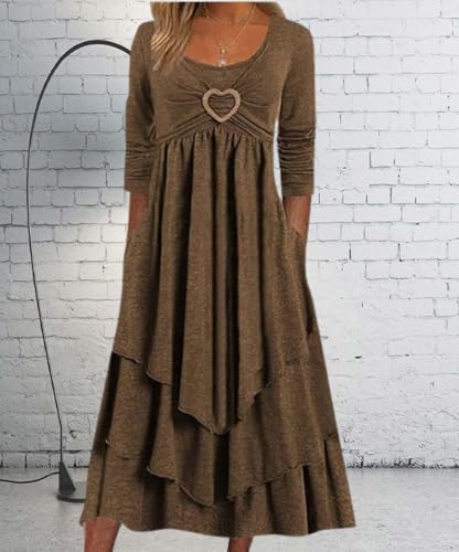 Women's Long Sleeve Round Neck Love Layered Irregular Cake Dress Splicing Plaid High Waisted Fluttering Dresses4