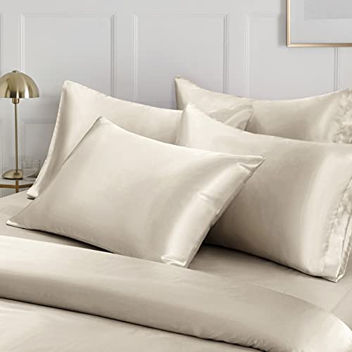 Image of Ersmak 6 Pieces Satin Duvet Cover California King Luxury Silky Bedding Duvet Cover Set with 1 Soft Duvet Cover, 4 King Pillowcases and 1 Body Pillowcase, Beige