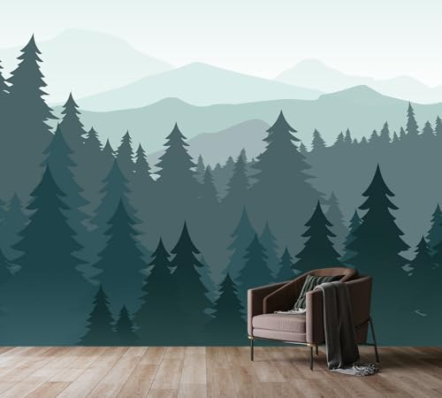 PYFFYP- Blue Watercolor Pine Forest Wallpaper murals for Bedroom Living Room?Not Peel and Stick?