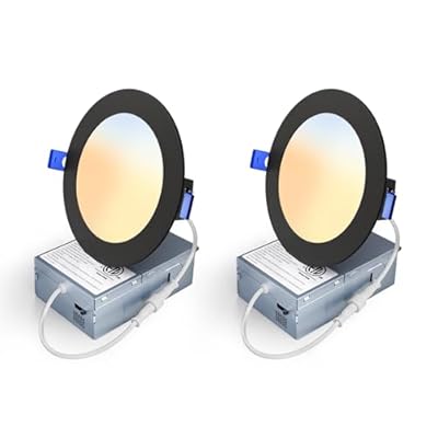 Veriligt 2 Pack 4 Inch 5CCT LED Recessed Light, Silm Canless Recessed Lighting, Dimmable, Damp Rated, 2700K-5000K Selectable, Wafer Ceiling Downlight with Junction Box, 750LM, 9W 120V, Black, ETL&FCC
