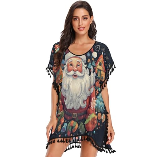 KAAVIYO Christmas Pattern Trees Women's Beach Cover Up Chiffon Tassel Swimwear Swimsuit Coverups for Girl