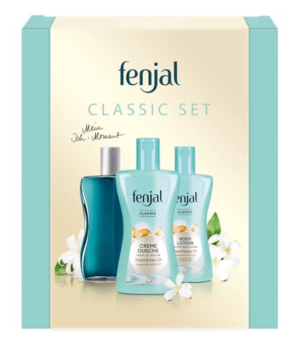fenjal Coffret cadeau, 525 ml 3 pièces, crème de douche (1 x 200 ml), lait corporel (1 x 200 ml), bain d'huile (1 x 125 ml) – végétalien, peau normale à très sèche – Classic