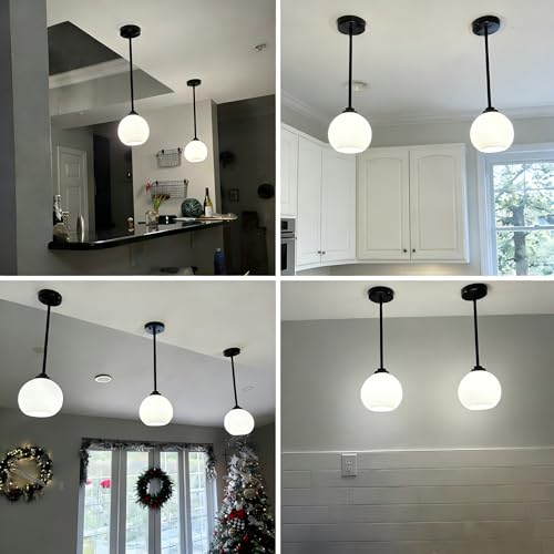 Image of MQMQA 2 Pack Globe Pendant Lights, Mid Century Matte Black Pendant Light Fixtures, Globe Pendant Lights Kitchen Island with Milk Glass Shade Hanging Fixture for Dining Room (Bulbs not Included)