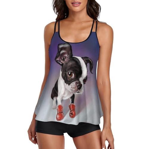 Tankini Boston Terrier para mujer con pantalones cortos y tirantes finos