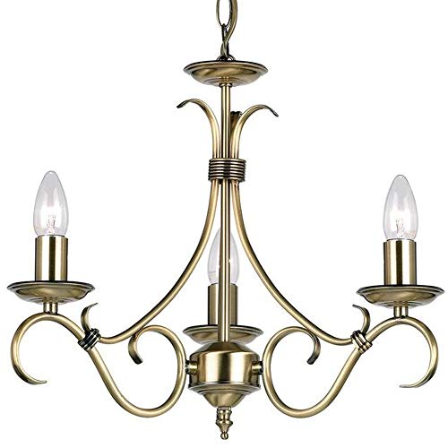 Image of Hanging/Flush Mounted Ceiling Pendant Light – Antique Brass – 3X Vintage Candle Lamp Bulb Holder – Vintage/Classic Metal Feature Chandelier with Chain & Rose Fitting Lighting Kit – LED Compatible