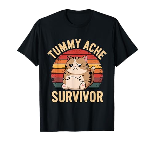 Tummy Ache Survivor Funny Cat Meme Humour Retro T-Shirt