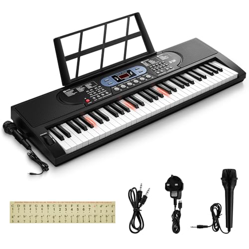 INMOZATA 61 Key Electronic Keyboard Piano, Musical Keyboard for Beginner, Light Up Keyboard Piano with Microphone Piano Note Sticker, Black