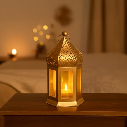 MARKET 99 Metal+Glass Moroccan Lantern With Plain Glass | For Diwali, Christmas, Birthday, and Wedding | Decorative Candle Holder for Home Decor & Festive Season | Golden & Yellow
