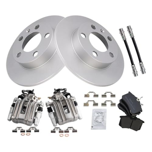 Image of TRQ Rear Brake Pad and Rotor Set Semi Metallic G Coated Rotors Calipers Compatible with 2007-2010 Volkswagen Beetle 1999 Golf