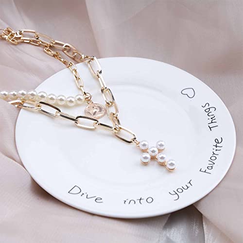Erimberate Vintage Pearl Cross Pendant Necklace Layered Pearl Choker Necklace Gold Paperclip Chain Necklaces Engraved Coin Necklace Choker Jewelry For Women And Girls #TOP1