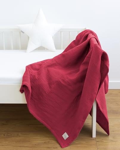 LOOLAY Musselin Decke 150x200cm – 100prozent Europäische Baumwolle – Leicht Atmungsaktiv – musselindecke Sommer für Kinder – Wickeldecke, Reisedecke & Strandtuch (Himbeerrot)