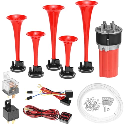 QWORK Musical Air Horn Kit, 5 Trumpet Music Sound Air Horn, 12V Multi-Frequency Polly Tune Horn with Button Activation for Cars, Trucks, Boats, & More - Includes 5 Red Trumpets & Compressor