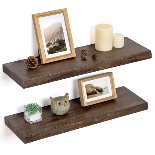 Image of Floating Shelves for Wall Decor, Rustic Solid Elm Wood Live Edge Floating Shelves Wall Mounted, Wall Shelves with Invisible Bracket for Living Room Bathroom Bedroom Kitchen, 24 Inch Set of 2, Walnut