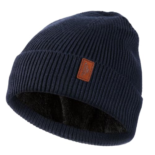 FCHUI Gorro de punto para hombre, gorro de invierno de punto suave con puños, gorro clásico de invierno con forro polar elástico, azul oscuro, M