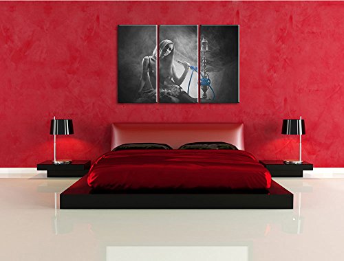 Frau neben Shisha schwarz/weiß auf 3-Teiler Leinwandbild 120x80 Bild auf Leinwand, XXL riesige Bilder fertig gerahmt mit… – Bild 4