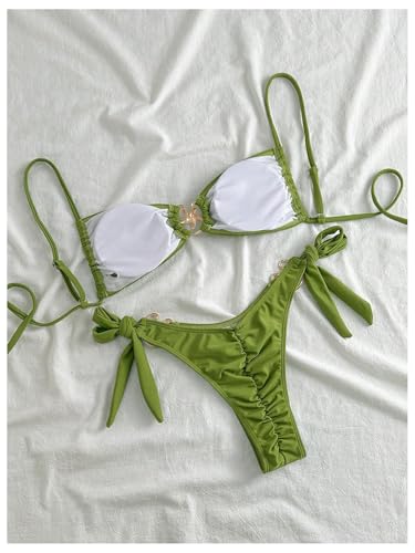 MakeMeChic Women's Two Piece Bikini Set Tie Side Ring Backless High Cut Bathing Suit Swimwear2