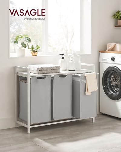 Image of VASAGLE Laundry Hamper, Laundry Basket, Laundry Sorter with 3 Pull-Out and Removable Bags, Shelf, Metal Frame, 3 x 10.6 Gallons (40 L), 36.4 x 13 x 28.4 Inches, Dove Gray and Cloud White UBLH301W03