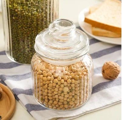 Image of Stylish Home Decor Crystal Clear Glass Sugar Candy Mukhwas Jar Bowl Pickle Storage Container Pot with Lid CRYSTAL CANDY JAR. (POP JAR 730ML 3PCS)