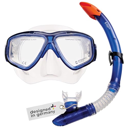 DYNAMICNORD - Schnorchelset - Designed in Germany – Professionelles 2er Set Tauchset für Erwachsene (Zweiglas Taucherbrille, Tauchmaske, Dry Schnorchel & Tasche) mit Sicherheitsglas