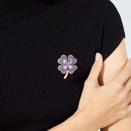 Image of Rhinestone Purple Clover Leaf Brooch Pin for Women Girls Unisex Vintage Crystal Flower Brooches Lapel Pins Luck Decor Dress Accessories Christmas Birthday Thanksgiving Jewelry Gift
