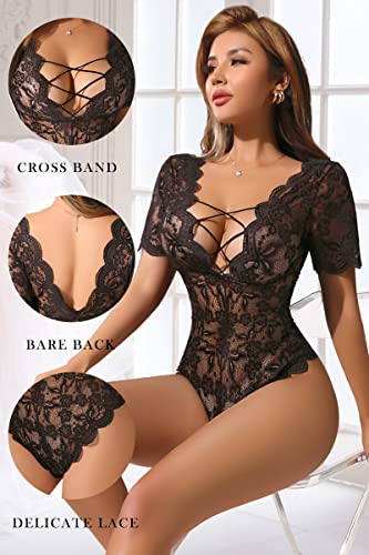 Adsexy One Piece Lace Teddy Lingerie Sexy Women Lingerie Deep V Mini Bodysuit Scallop Trim Bridal Babydoll Black #TOP2