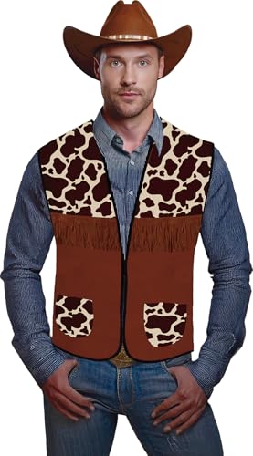 Gilet western polyester peau vache brun adulte costume cow-boy et accessoires de fête