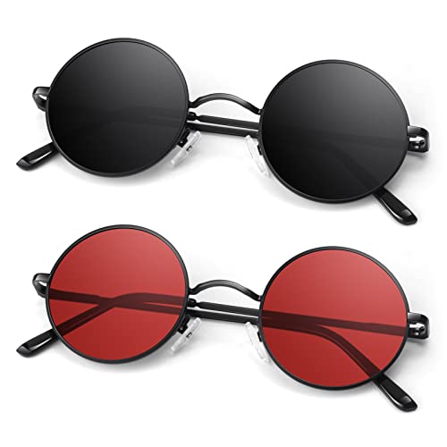 Round Polarized Sunglasses Men Women,Retro Metal Hippie Shades with 100% UV Protection