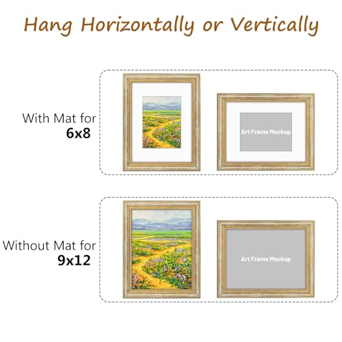 Image of Golden State Art,9x12 Ornate Picture Frame Holds 6x8 Photo,Vintage Gold | Includes real glass front,white mat,build-in hangers and buttons.Displays 6x8 photo on wall