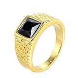 HIJONES Anillo con Piedra Negro para Hombre Acero Inoxidable Anillos de Dedo meñique de Piedras Preciosas cuadradas con Joyas de Cristal Oro Tamaño 27