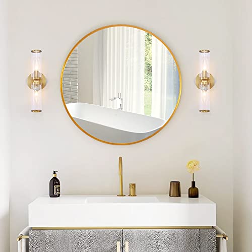 Gold Round Mirror 24 Inch, Round Bathroom Mirror With Brushed Metal Frame Large Circle Wall Mirror For Bedroom, Living Room, Vanity, Entryway Decorative Wall Mirrors (Gold, 24") #TOP1