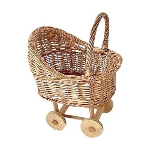 Fancyes Stroller Shaped Flower Basket with Handle, Wicker Baby Carriage Planter, Fruit Candy Basket, Decorative Cart Storage Box for Floral Arrangements/Photography Props/Baby Showers/Wedding Party, S