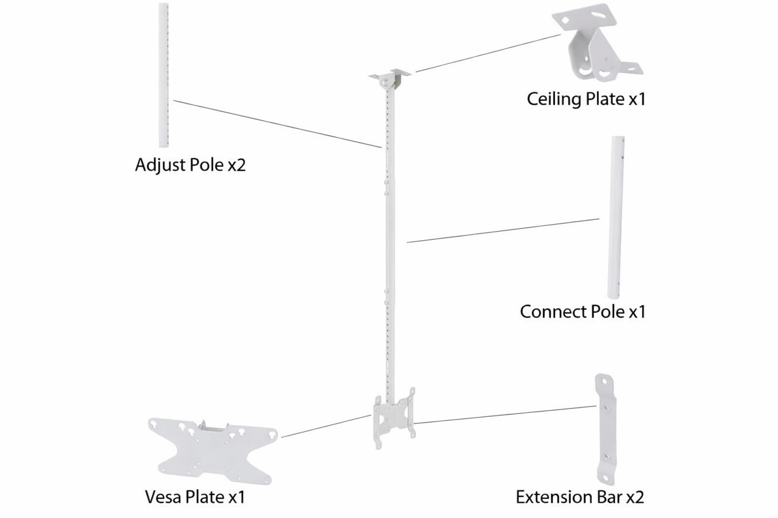 Multibrackets Ceilingmount Small Blanco 1500 | Soporte TV de Techo para Pantallas 10-43" | Altura Regulable 55-150 cm | VESA 200x200 | Giro ±30° Inclinación -5°/+15° | Platina 0-90°