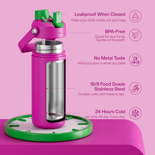 Image of ENCOOL Insulated Water Bottle with Straw Stainless Steel Water Bottle, Leak-Proof, BPA-Free, Double Wall Vacuum Keeps Cold for 24 Hours for Sports, Travel, School (18 oz, Knockout Pink)