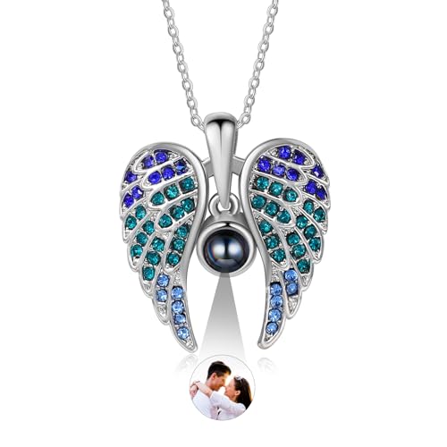 LoraPetid Custom Necklace with Picture Inside Personalized Guardian Angle Wings Pendant Necklace Customized Photo Memorial Necklace Gifts for Women Men (Blue)