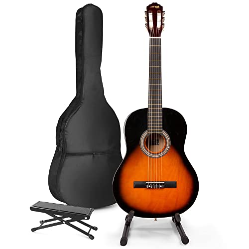MAX SoloArt Guitarra Clásica Española Sunburst para Principiantes y Niños - Set Completo con Reposapiés, Soporte, Funda, Afinador Digital, Correa, Púas y Cuerdas de Repuesto Incluidos
