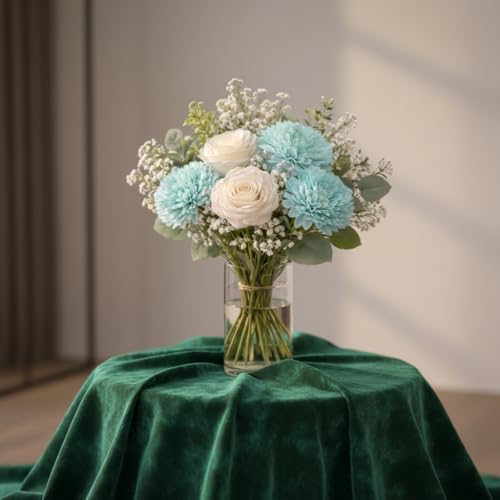 Image of Premium Artificial Flower Bunch - Mum, Rose with White Baby Breath | Realistic Fabric Petals | Artificial Flowers for Vase | Home Decoration Items for Living Room & Bedroom | Light Blue