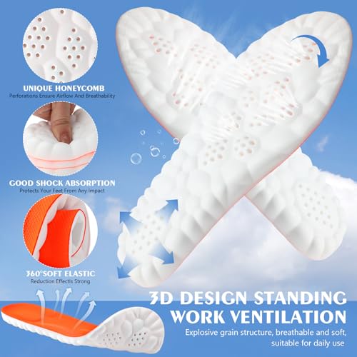 Image of Skicuff 8 Pairs 4D Cloud Insoles for Men Women, Soft Inserts Foam Cushioned Insoles Breathable Anti-Fatigue Inserts for Pain Relief, Sports Walking, Trim to Fit(Men,US 7.5-10.5,Orange)