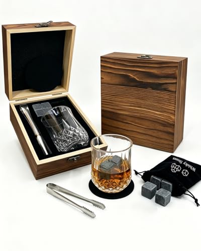 Whiskey Gift Sets for Men 1 Premium Crystal Whiskey Glasses with 4 Reusable Whiskey Stones Tongs and Coasters in Wooden Box Perfect Christmas or Birthday Present for Dad